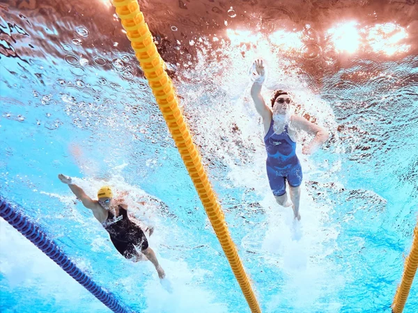 The swimmers are competing in the pool.