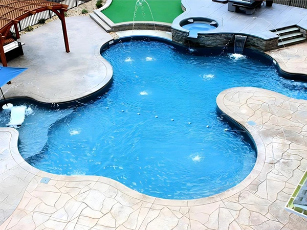 Aerial view of an irregularly shaped swimming pool