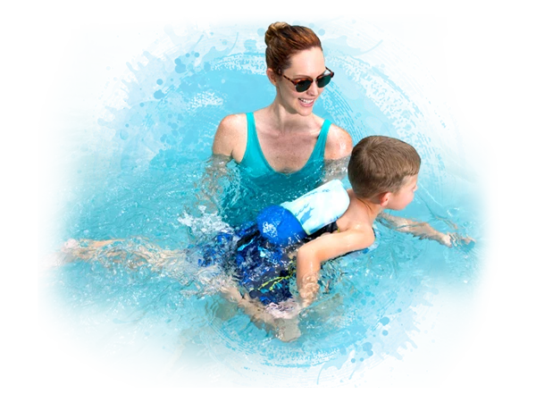 A mother is helping her kid practice swimming in the swimming pool.