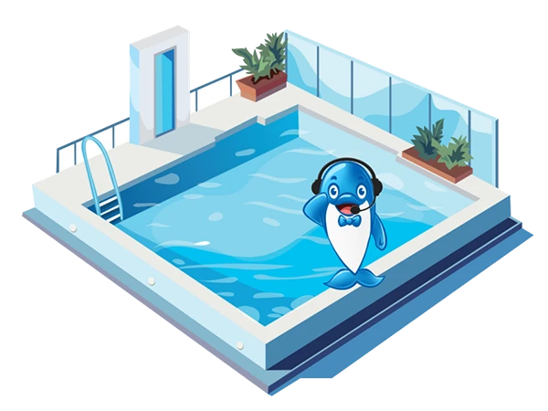 Nuonuo is wearing a headphone and standing on the swimmng pool.